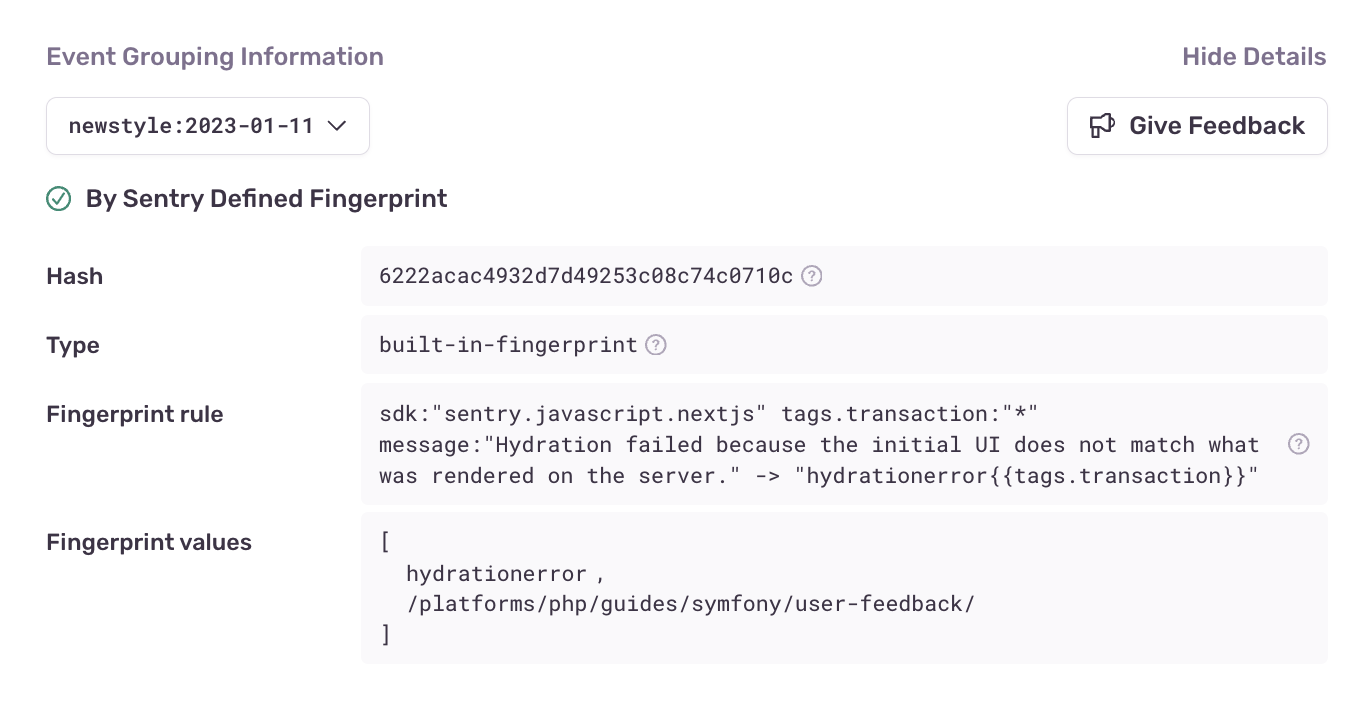 event grouping information for a sentry defined fingerprint